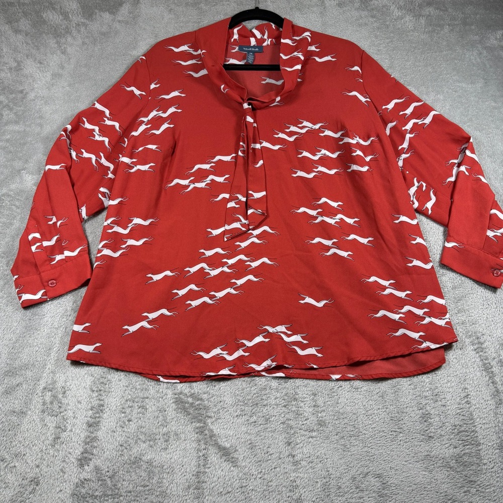 ModCloth Blouse Women 1X Red Greyhound Dog Print Tie Neck Long Sleeve